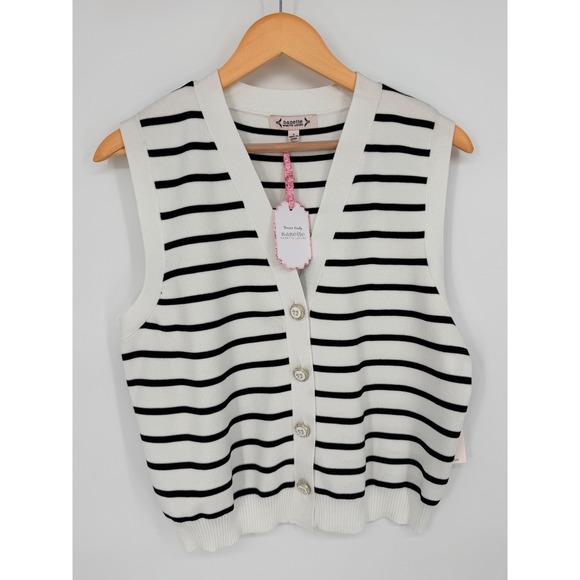 Nanette Lepore Sweaters - Nanette Lepore Striped Sweater Vest White Black Button Front V-Neck NWT